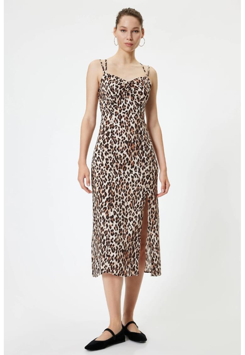 Rochie midi cu animal print si slit frontal