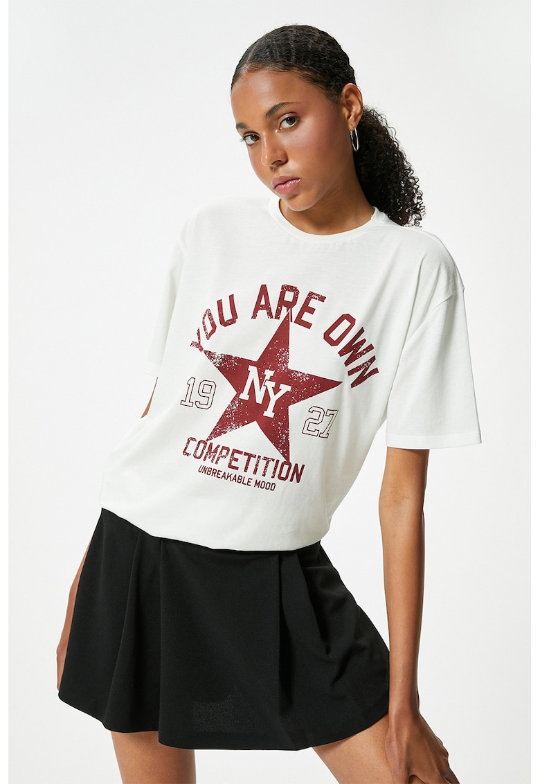 Tricou supradimensionat de bumbac cu imprimeu - Alb/Visiniu