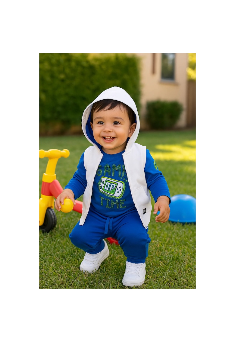 Set 3 piese sport: Bluza cu maneca lunga imprimata - pantaloni si vesta - Gaming Mode - Albastru Electric si Alb - pentru baietei