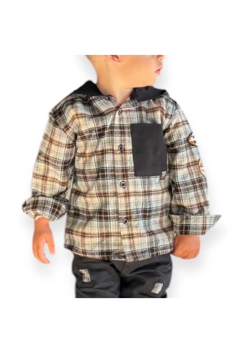 Camasa rock cu gluga si imprimeu in carouri - Road Legend - Negru - pentru baietei