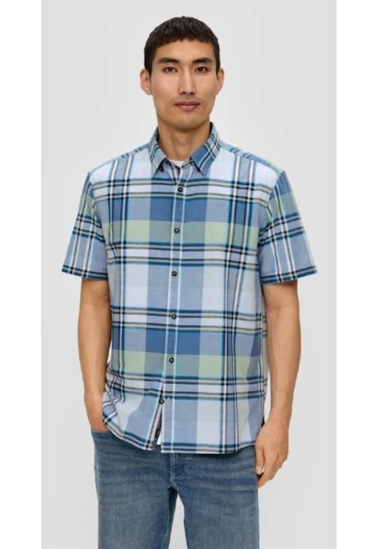 Camasa barbati cu maneca scurta din amestec de in si bumbac - imprimeu in carouri - croiala Regular fit - Albastru