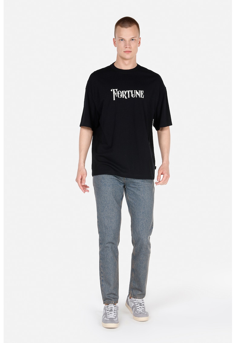 Tricou cu decolteu la baza gatului si text - Negru/Alb optic