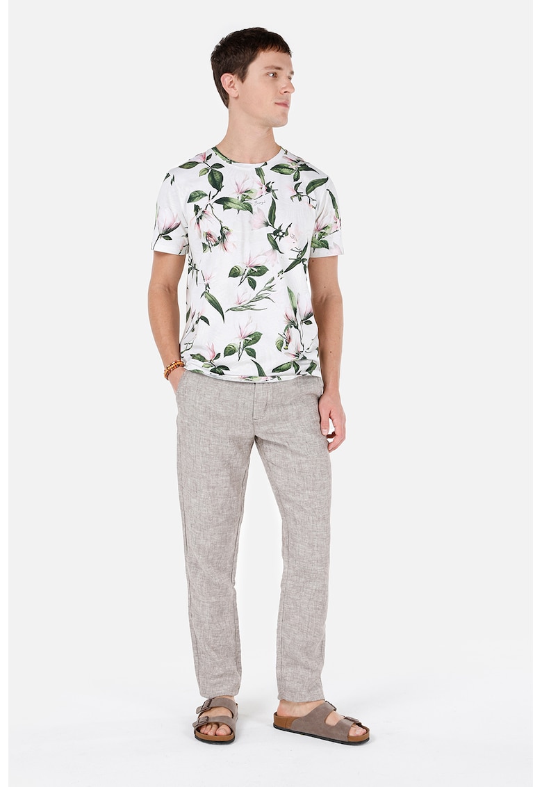 Pantaloni din in cu snur de ajustare in talie - Maro taupe deschis