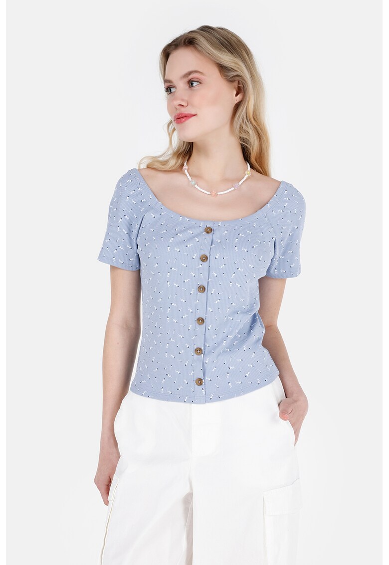 Tricou cu decolteu rotund si nasturi - Alb/Albastru lavanda