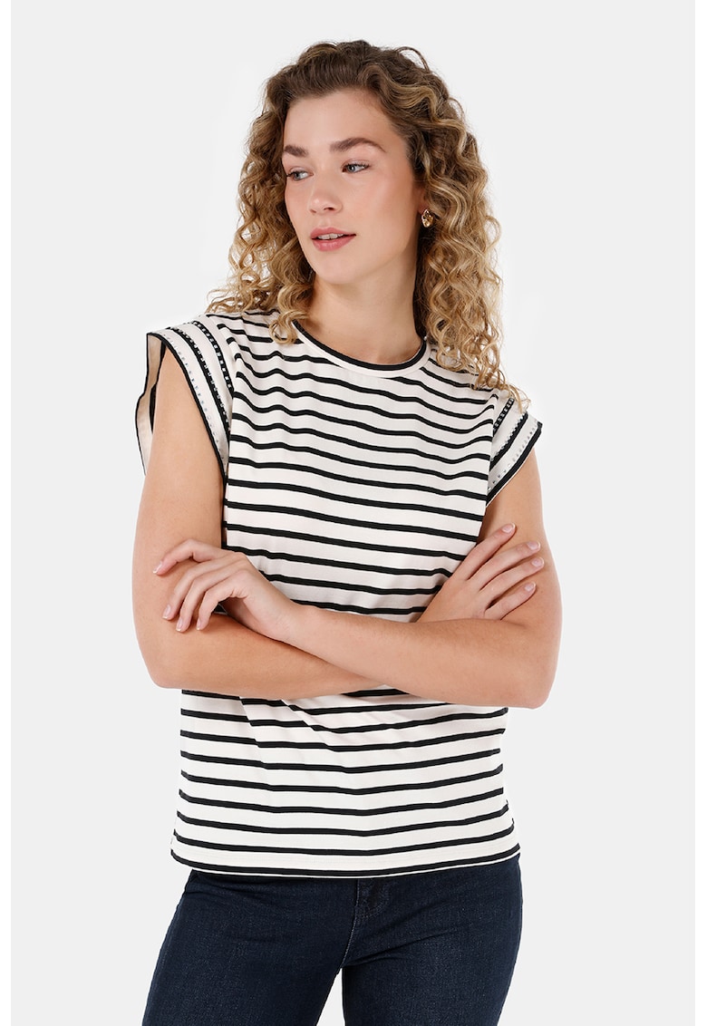 Tricou cu model in dungi si strasuri - Alb/Negru