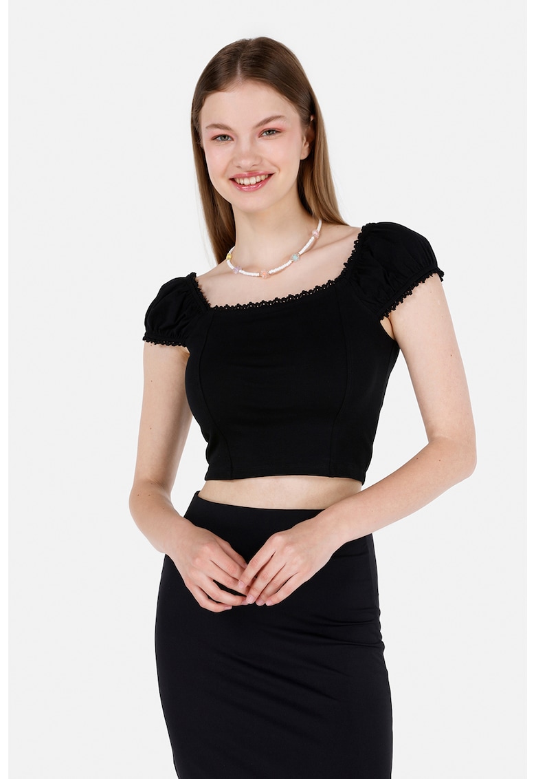 Tricou crop din amestec de bumbac - Negru