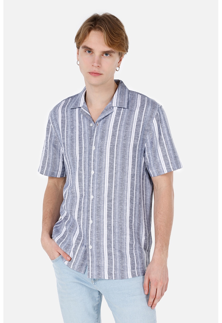 Camasa din amestec de in cu maneci scurte si model in dungi