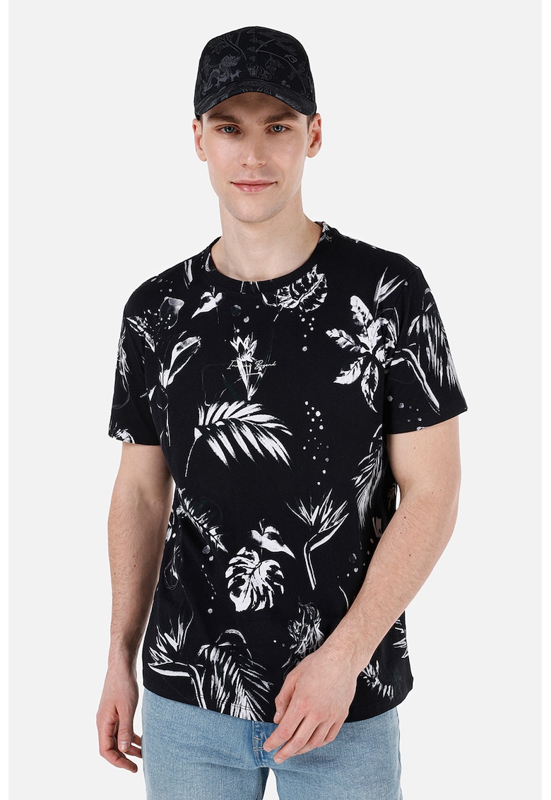 Tricou cu decolteu la baza gatului si model tropical