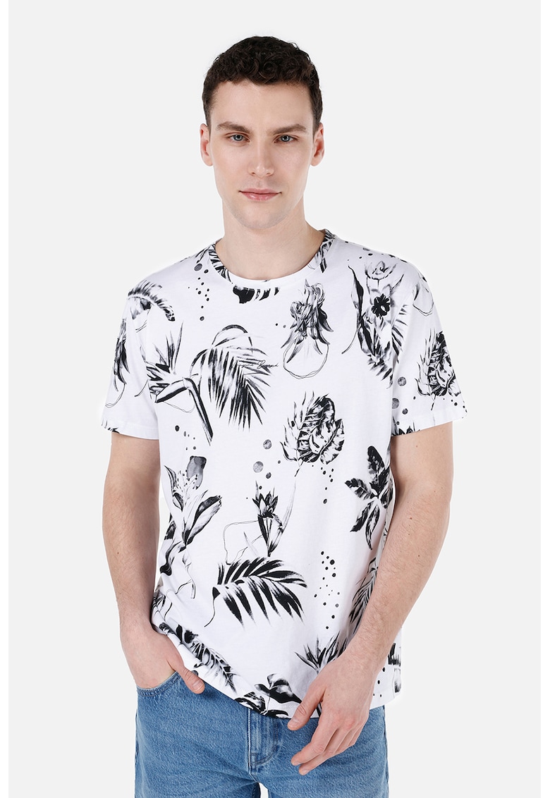 Tricou cu decolteu la baza gatului si model tropical