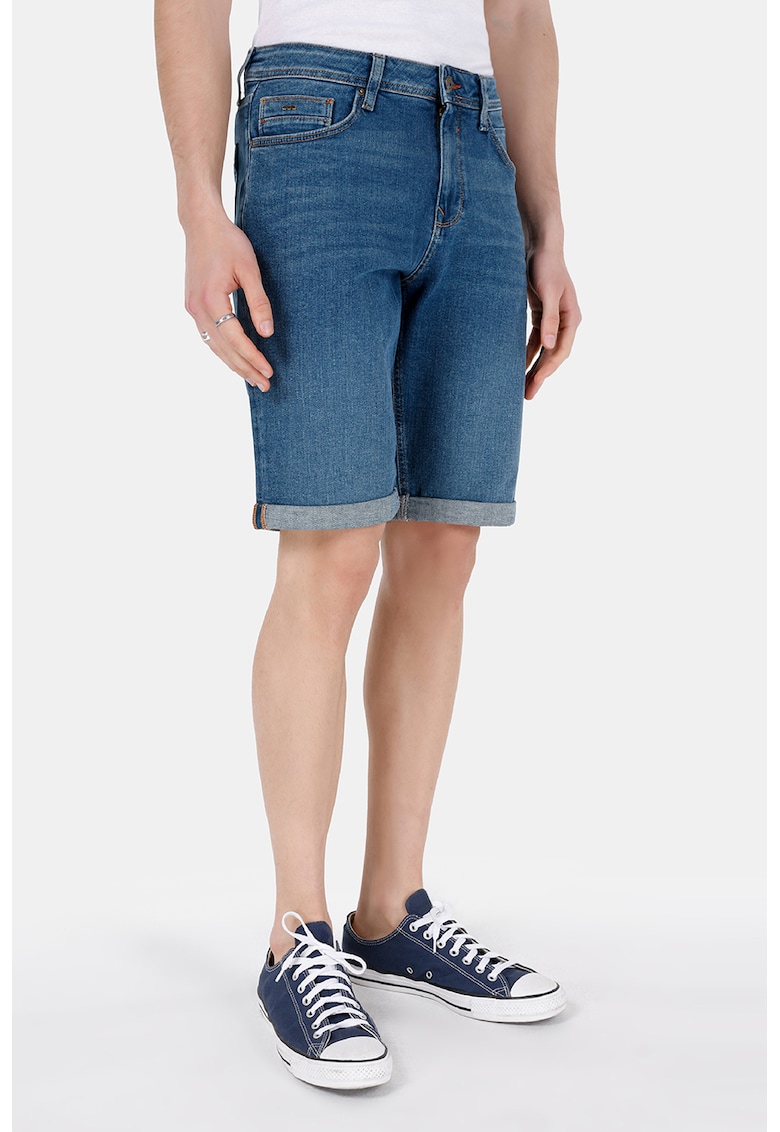 Bermude din denim cu croiala dreapta si aspect decolorat Karl