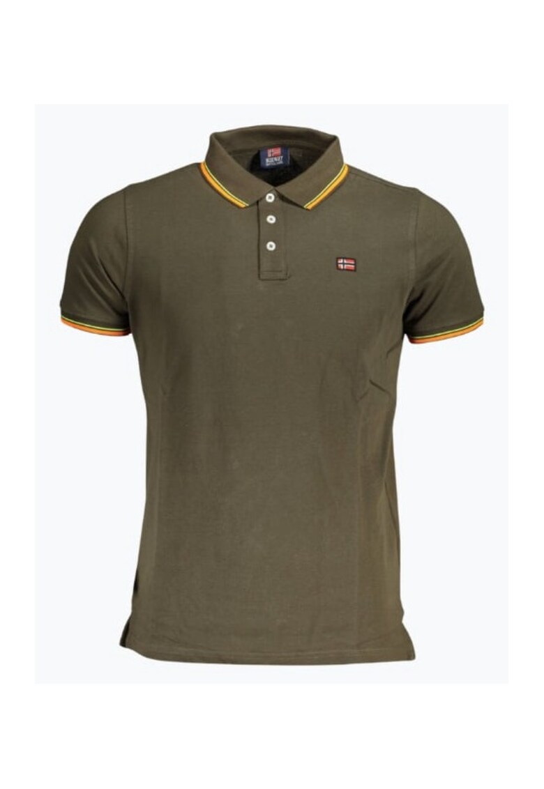 Tricou polo barbati cu logo si detalii contraste - din bumbac - Olive