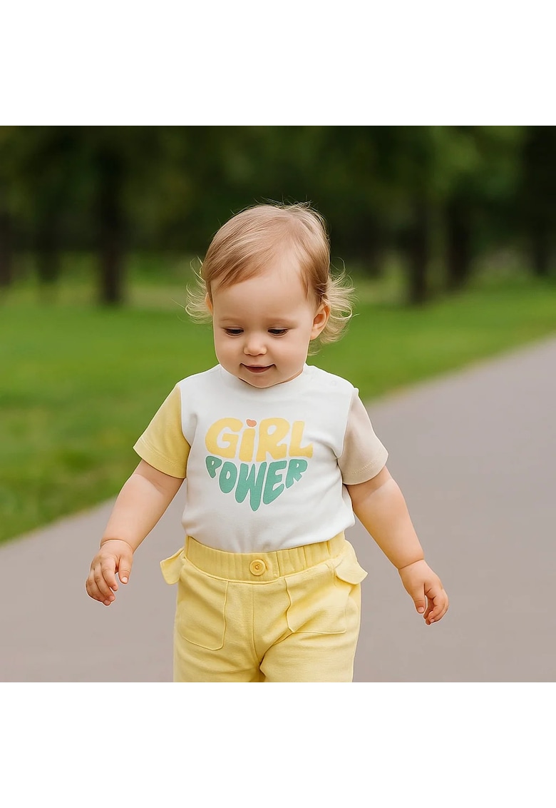 Tricou imprimat - Keep Going - Alb cu maneci colorate - pentru fetite