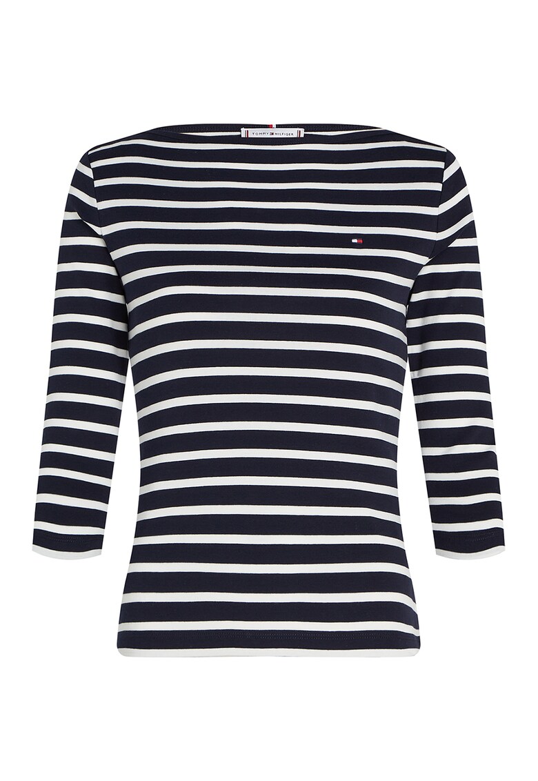 Bluza slim-fit de bumbac cu maneci trei sferturi - Alb/Bleumarin