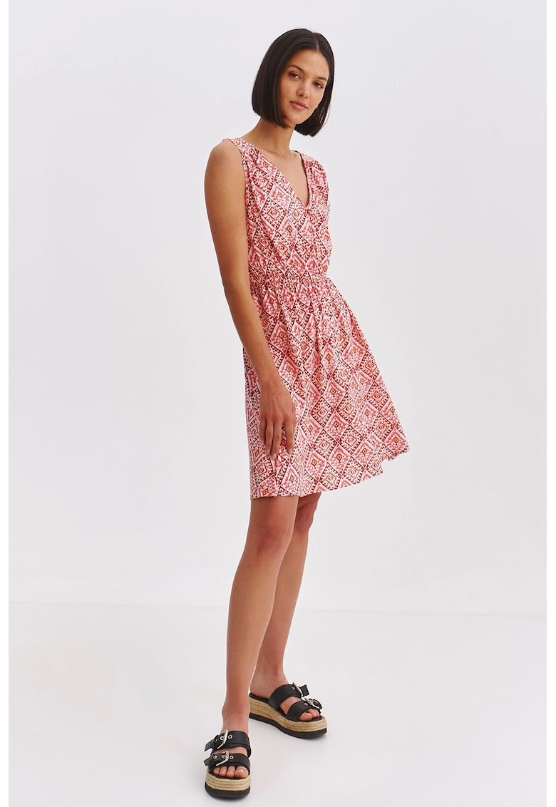 Rochie evazata cu decolteu in V si imprimeu geometric