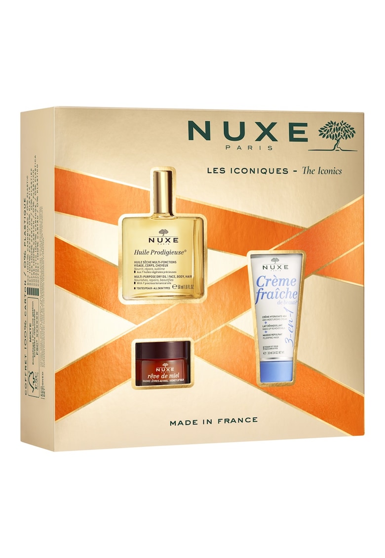 Set The Iconics: Ulei Multifunctional Huile Prodigieuse Or pentru Fata - Corp si Par - 50 ml + Crema Hidratanta Creme Fraiche de Beaute pentru Fata - 30 ml + Balsam de Buze cu Miere Reve de Miel - 15 g