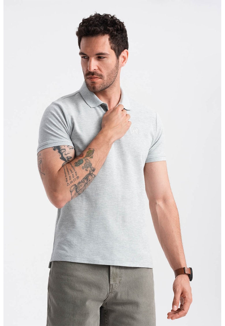 Tricou polo cu model uni - Gri deschis melange