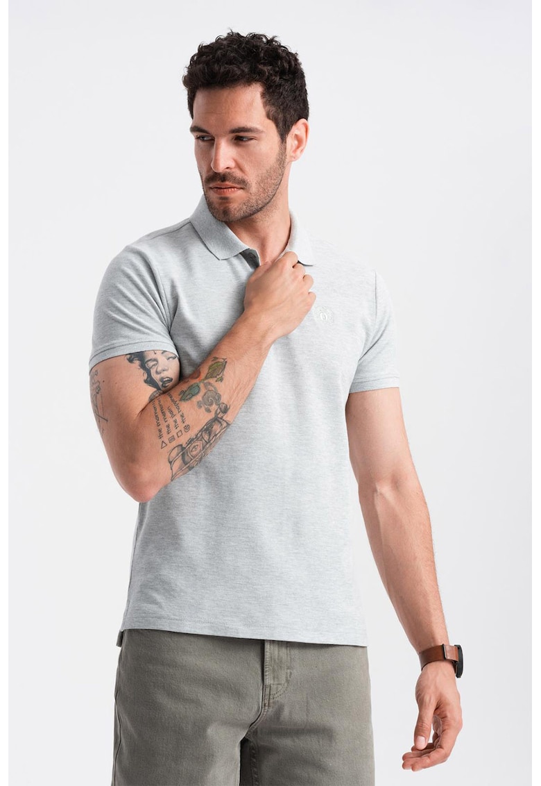 Tricou polo cu model uni - Gri deschis melange