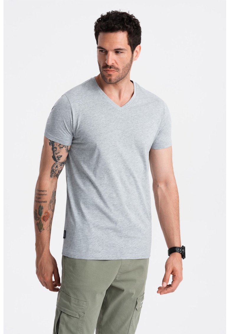 Tricou cu decolteu in V - Gri melange