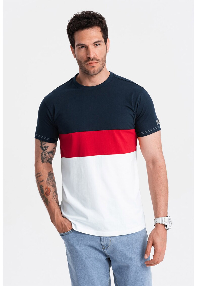 Tricou din bumbac cu model in dungi si decolteu la baza gatului