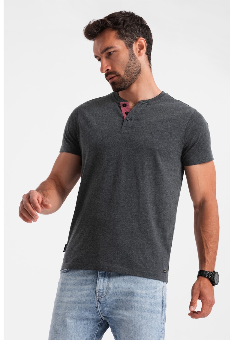Ombre Tricou cu model uni si decolteu henley - Negru stins