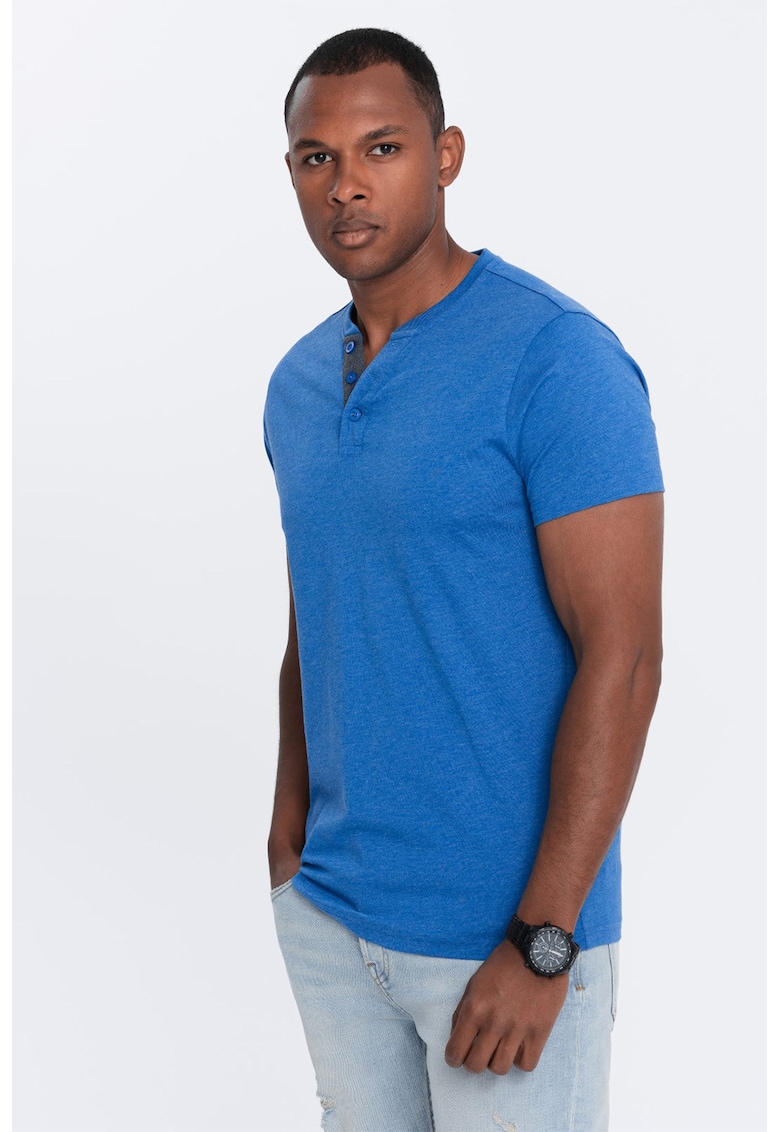 Tricou cu model uni si decolteu henley - Albastru royal