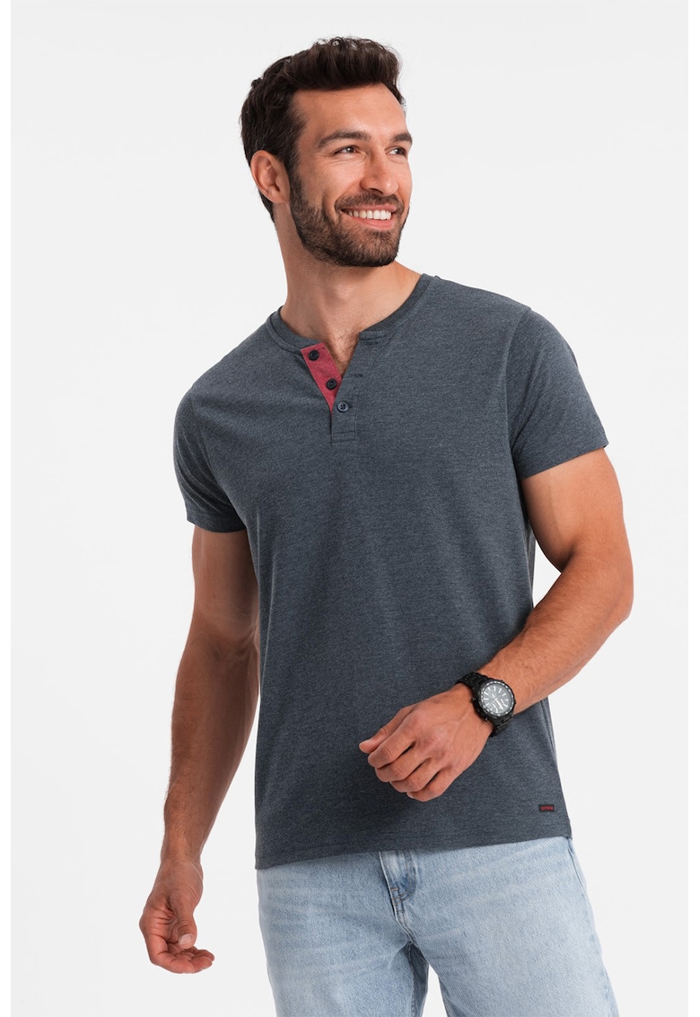 Ombre Tricou cu model uni si decolteu henley - Albastru prafuit