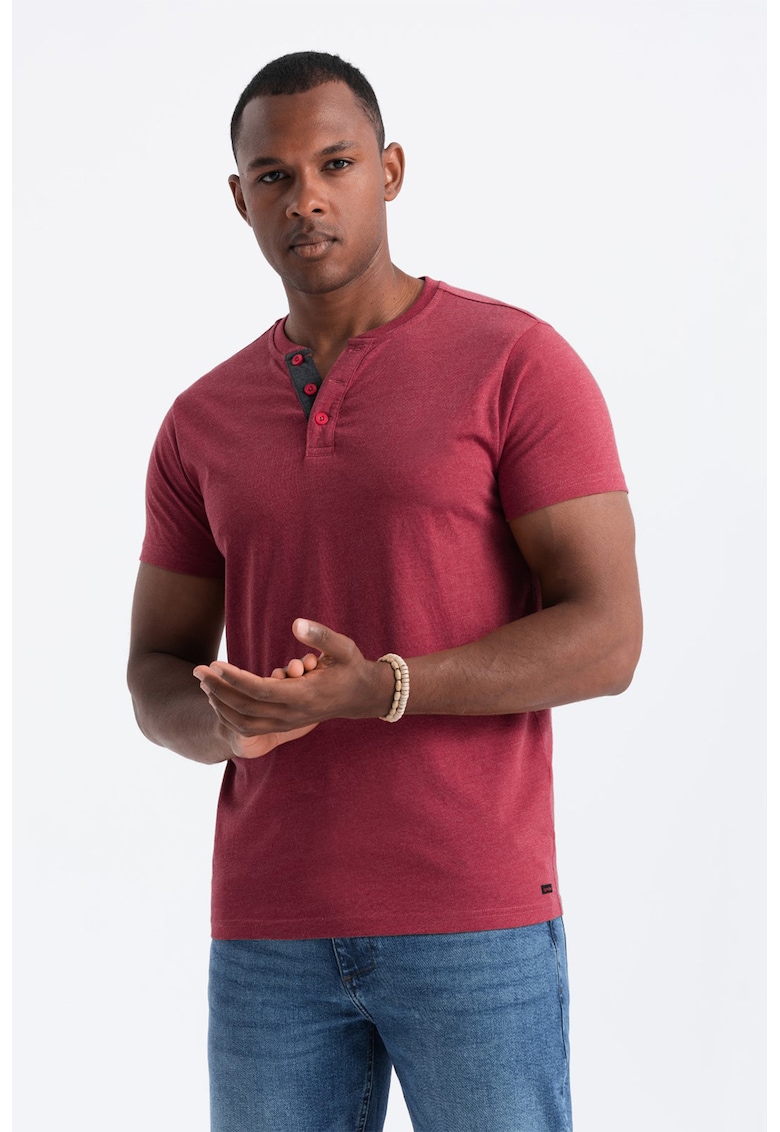 Tricou cu model uni si decolteu henley