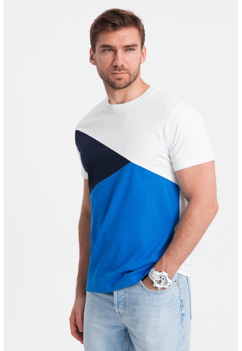 Ombre Tricou regular fit din bumbac cu decolteu la baza gatului - Alb/Albastru royal