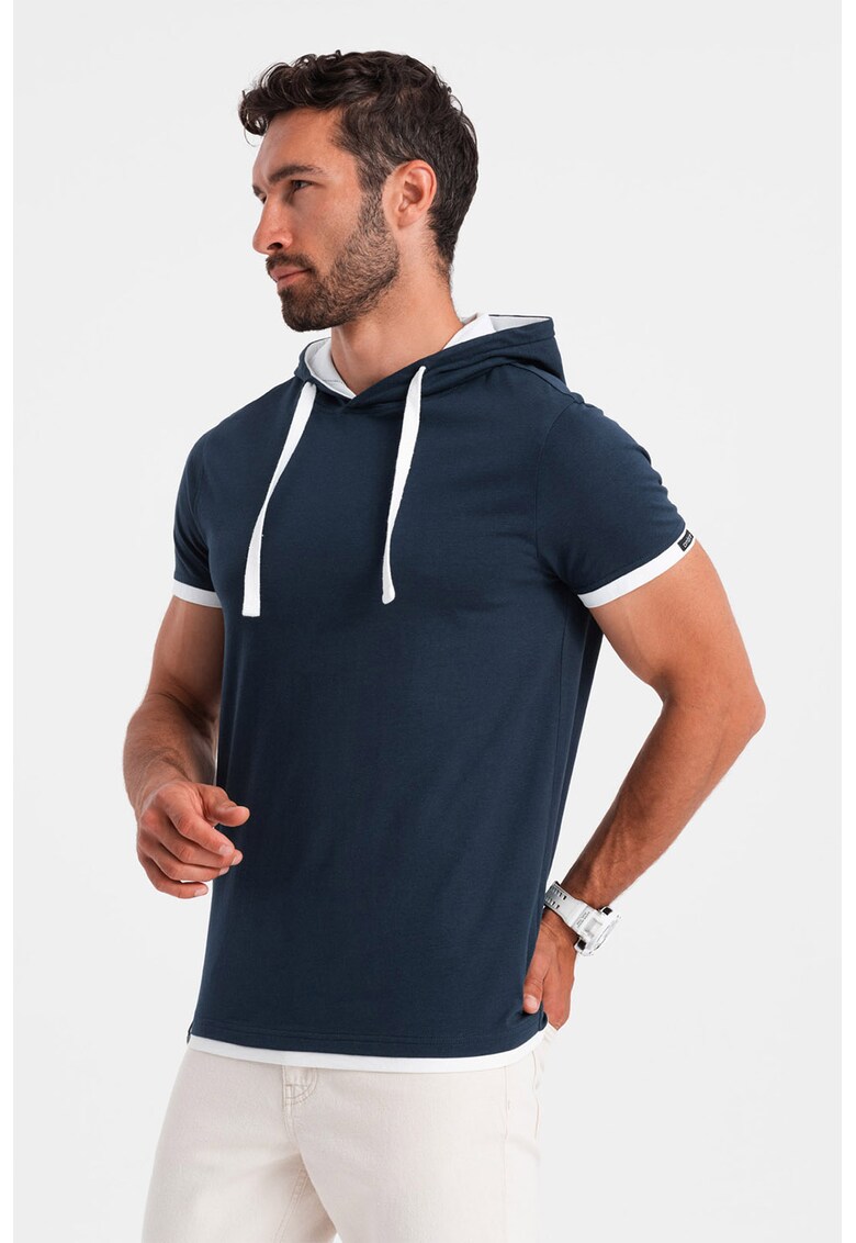 Tricou regular fit din bumbac cu gluga - Alb/Bleumarin
