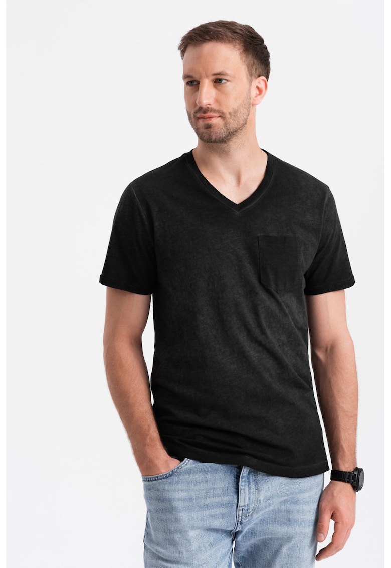 Ombre Tricou din bumbac cu decolteu in V si buzunar pe piept - Negru stins