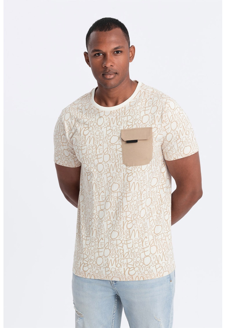 Ombre Tricou cu model si buzunar pe piept - Bej/Crem