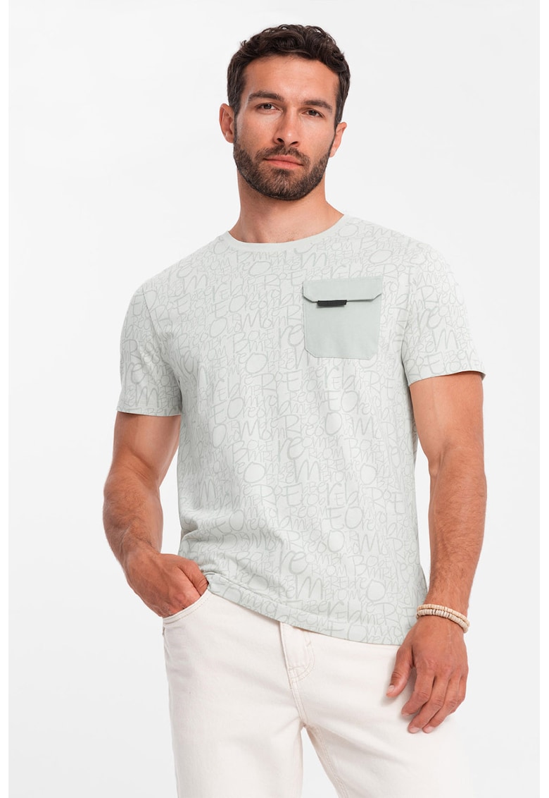 Ombre Tricou cu model si buzunar pe piept - Verde pal/Alb murdar