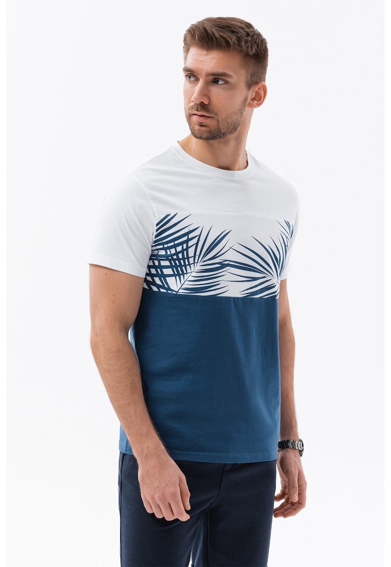 Ombre Tricou din bumbac cu imprimeu tropical - Alb/Albastru inchis