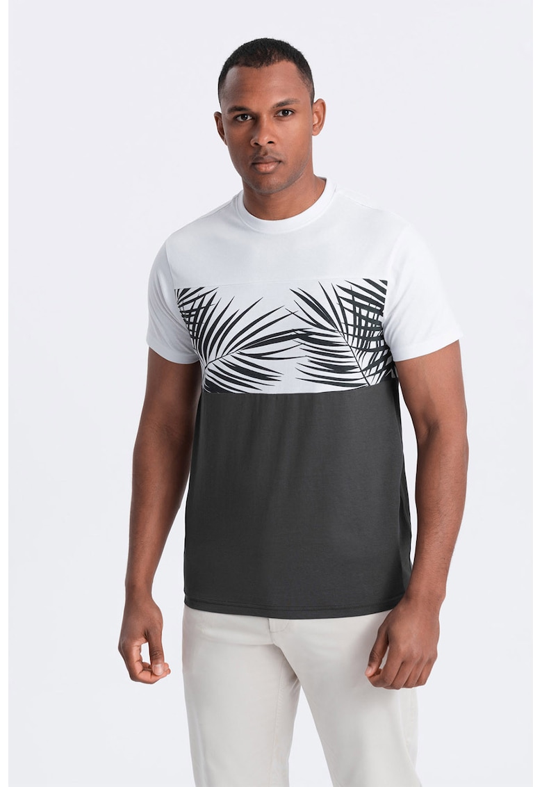 Ombre Tricou din bumbac cu imprimeu tropical - Alb/Gri inchis