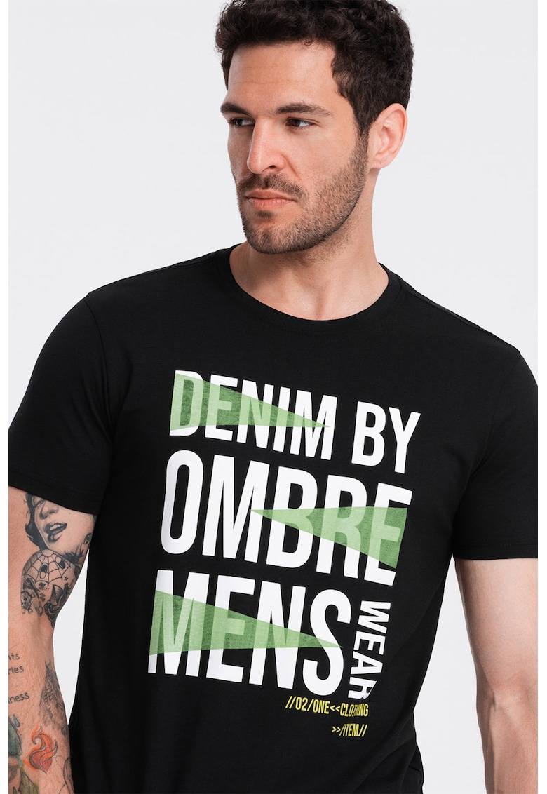 Tricou din bumbac cu imprimeu text - Alb/Negru/Verde lime