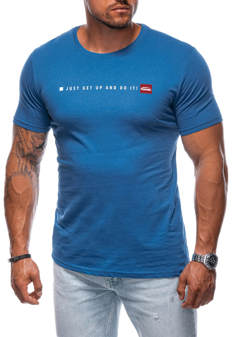 Edoti Tricou cu decolteu la baza gatului si imprimeu text - Albastru inchis