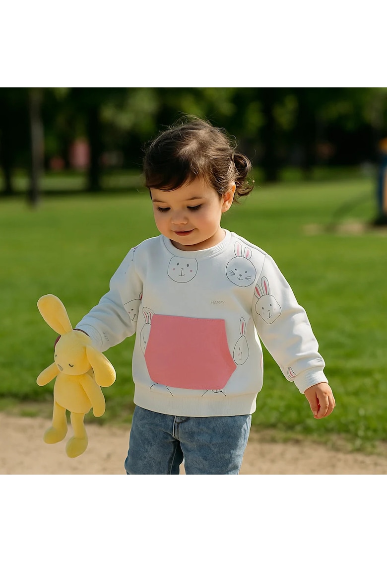 Bluza cu maneca lunga si imprimeu Iepuras  - Stella - Alb si Roz - pentru fetite
