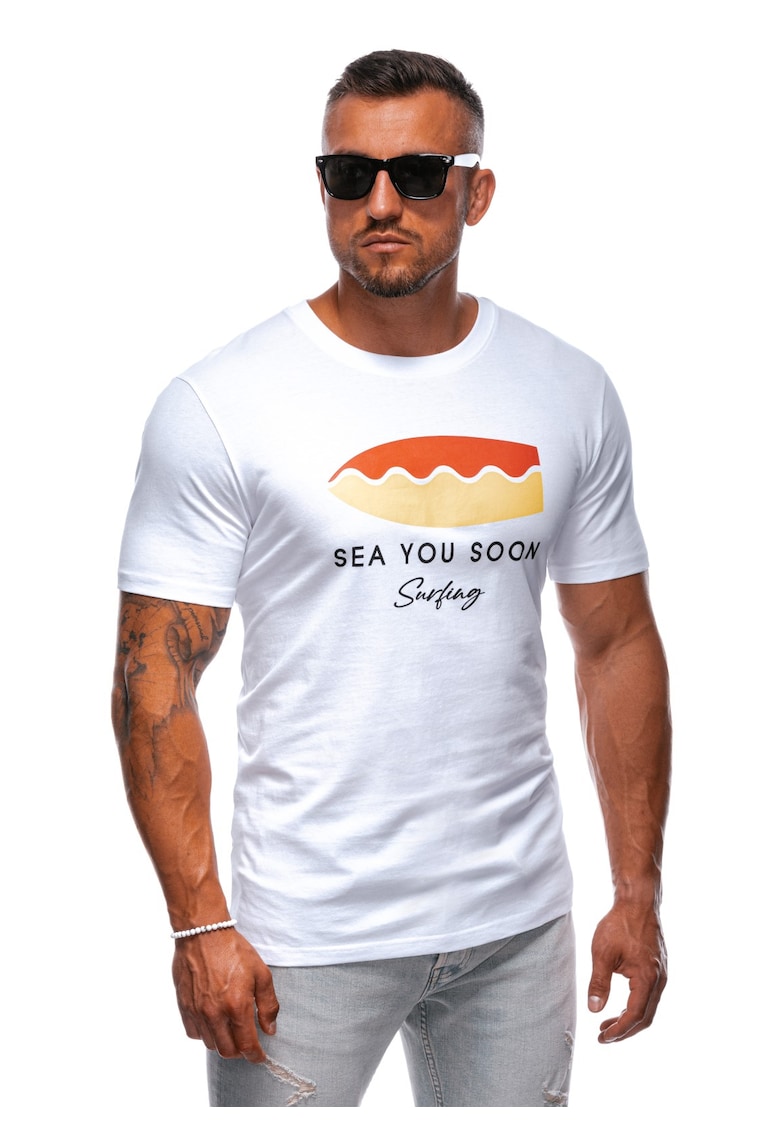 Tricou cu imprimeu S2003 - Pentru barbati - Bumbac - Alb