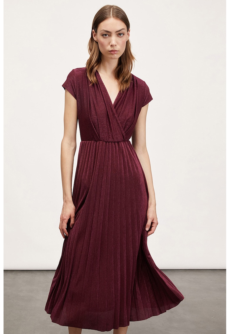 Rochie midi plisata cu aspect lucios - Visiniu