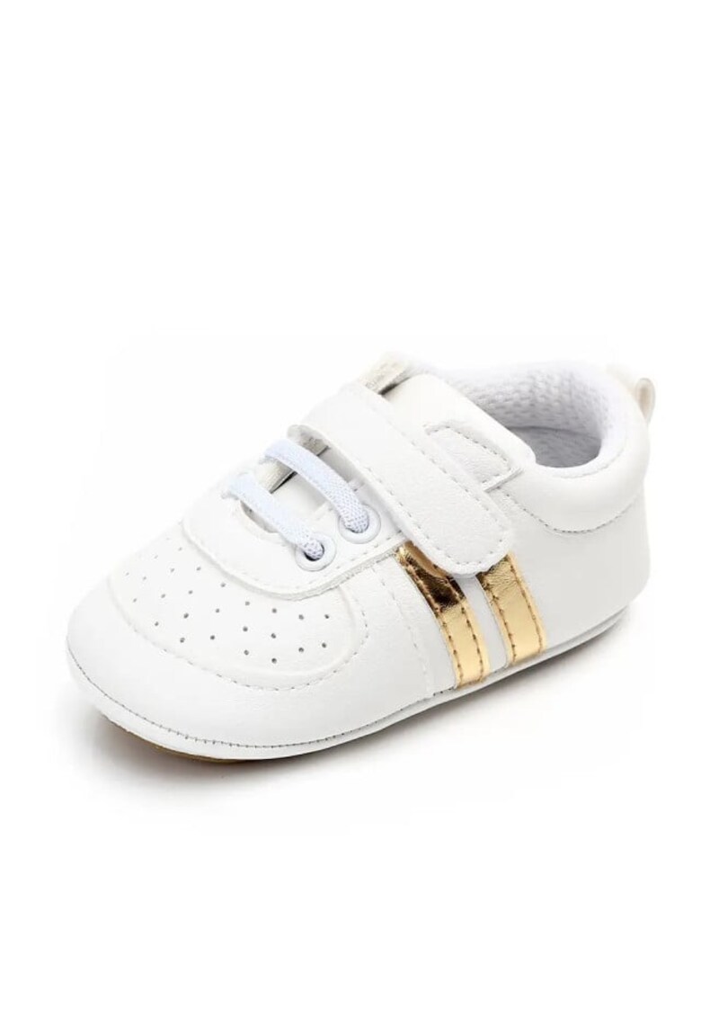 Pantofi Sport Cu Dungi Aurii - Piele ecologica - Fete - Siret - Velcro - Alb