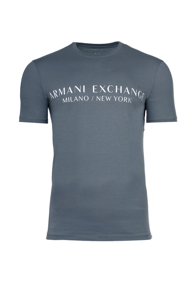 Tricou de bumbac cu decolteu la baza gatului si imprimeu logo - Gri carbune