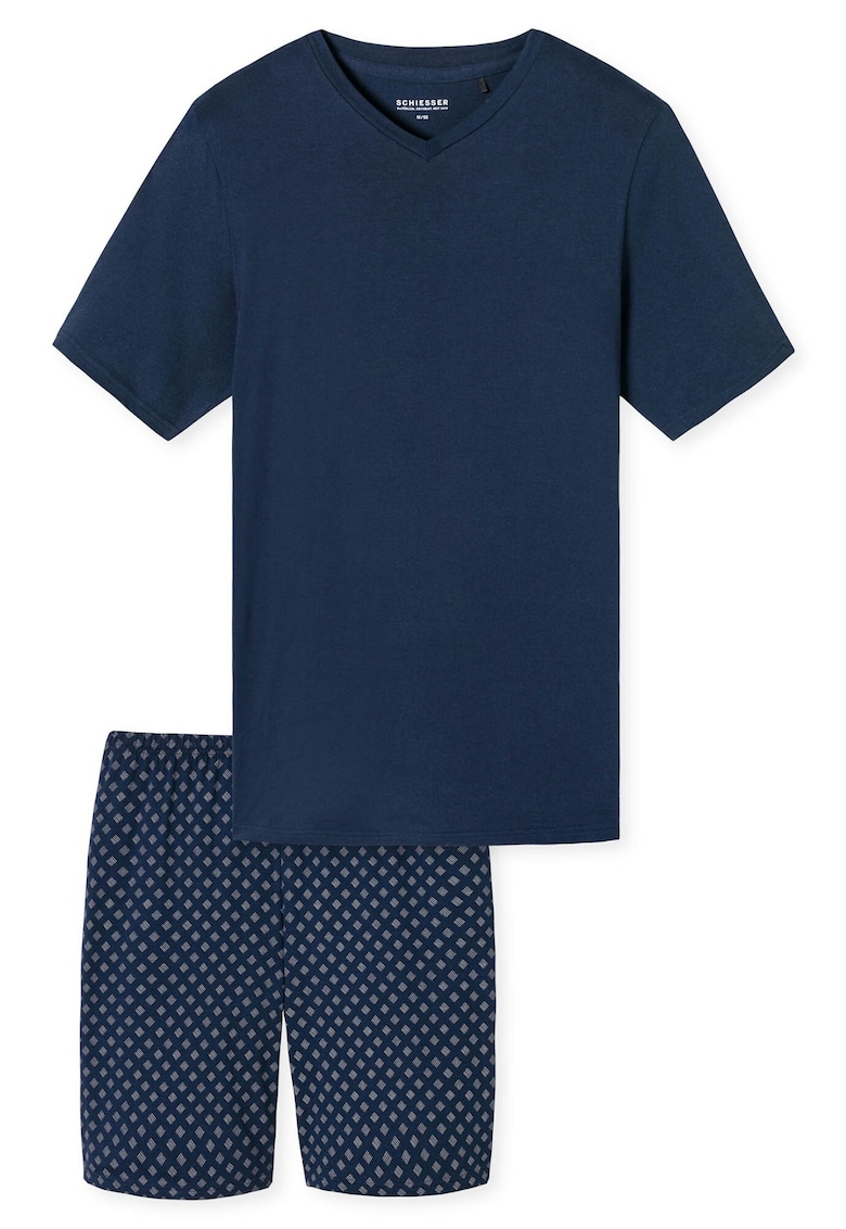Schiesser Pijama de bumbac cu decolteu in V - Albastru inchis