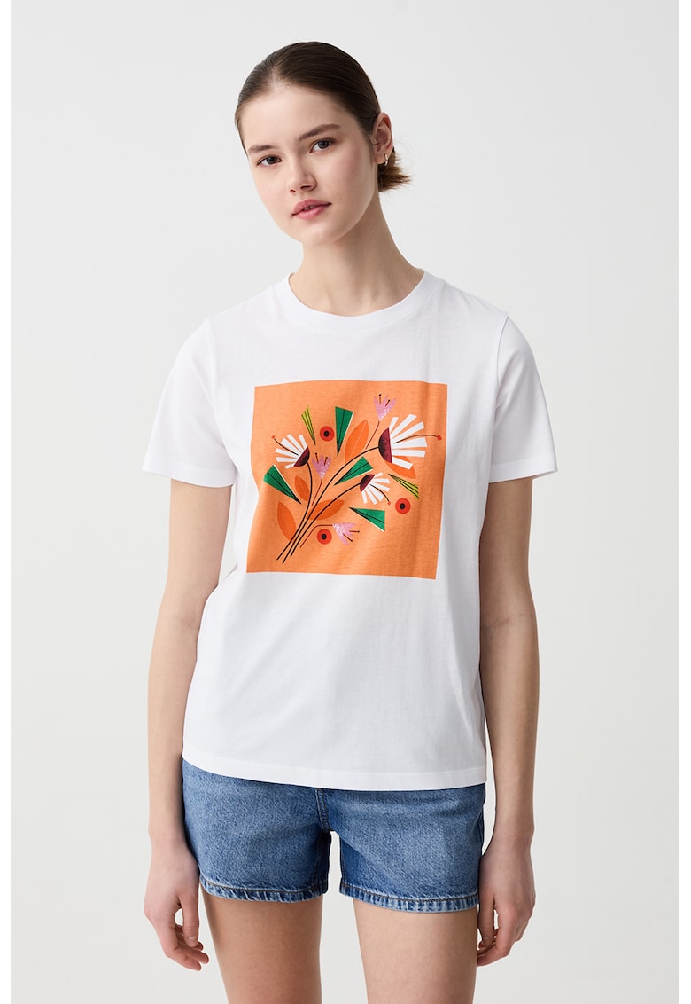 Tricou de bumbac cu imprimeu foto - Alb/Portocaliu