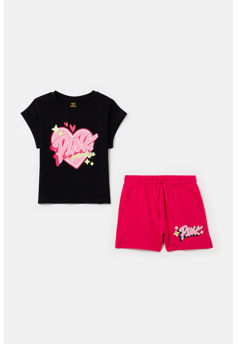 Set de pantaloni scurti si tricou cu imprimeu text - 2 piese