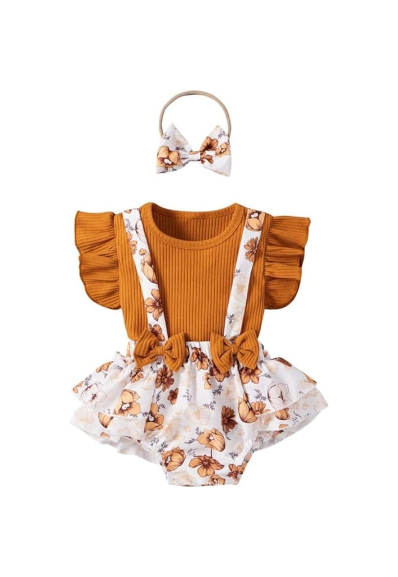 Compleu Tricou - Salopeta si Bentita - Floricele - Fete - Maneca scurta - Multicolor