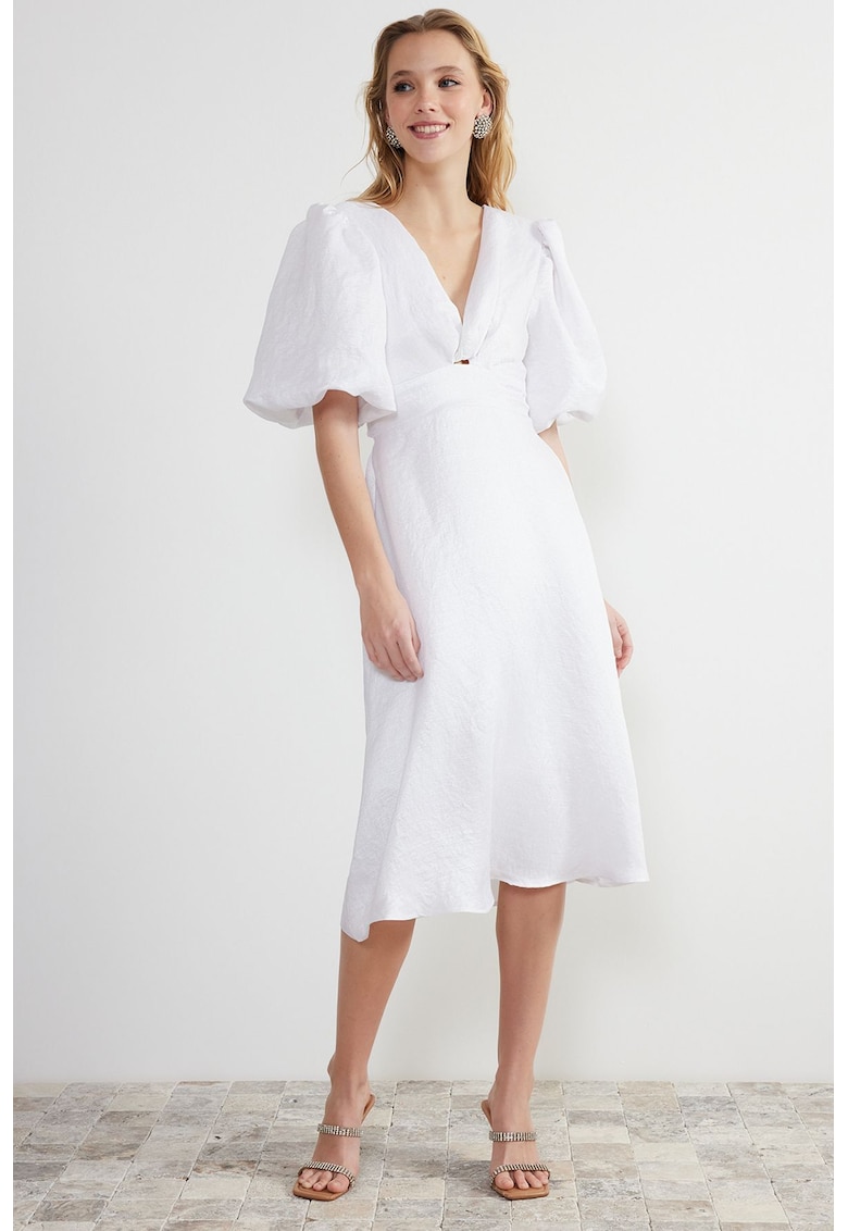 Rochie midi evazata cu maneci bufante