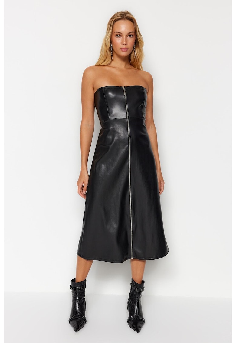 Rochie midi din piele ecologica cu croiala in A