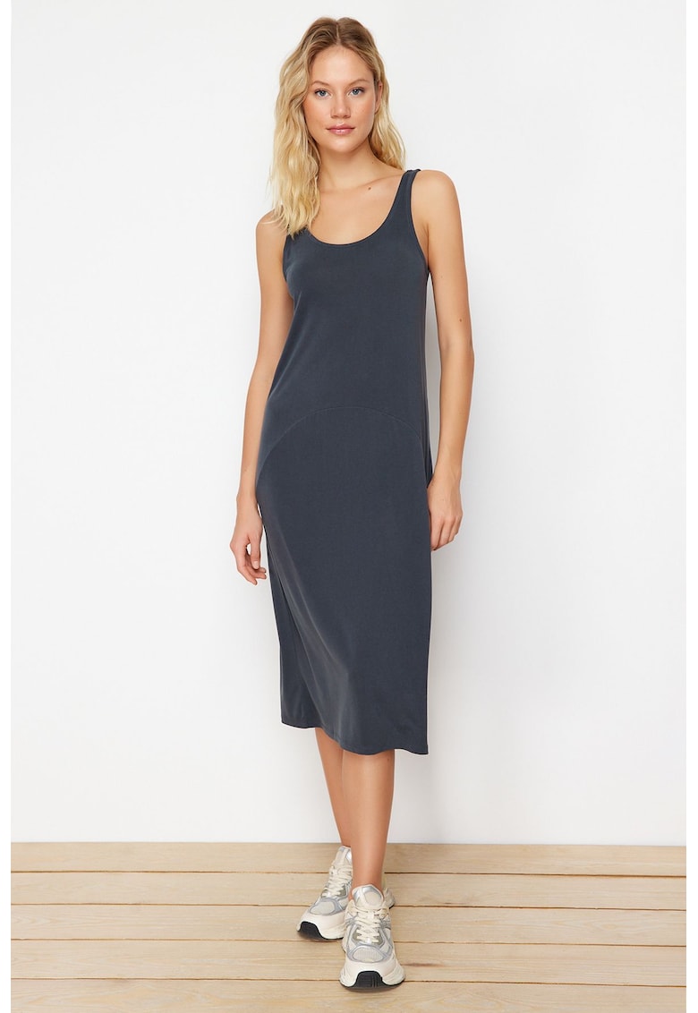 Rochie midi din amestec de modal cu croiala dreapta