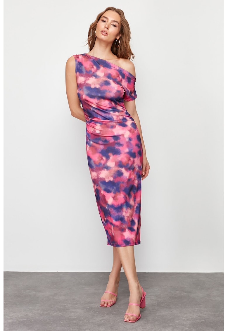Rochie bodycon midi cu decolteu asimetric