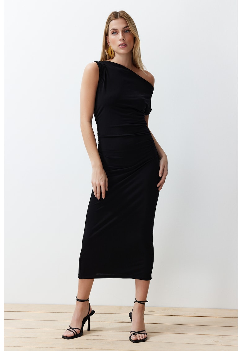 Rochie bodycon midi cu decolteu asimetric